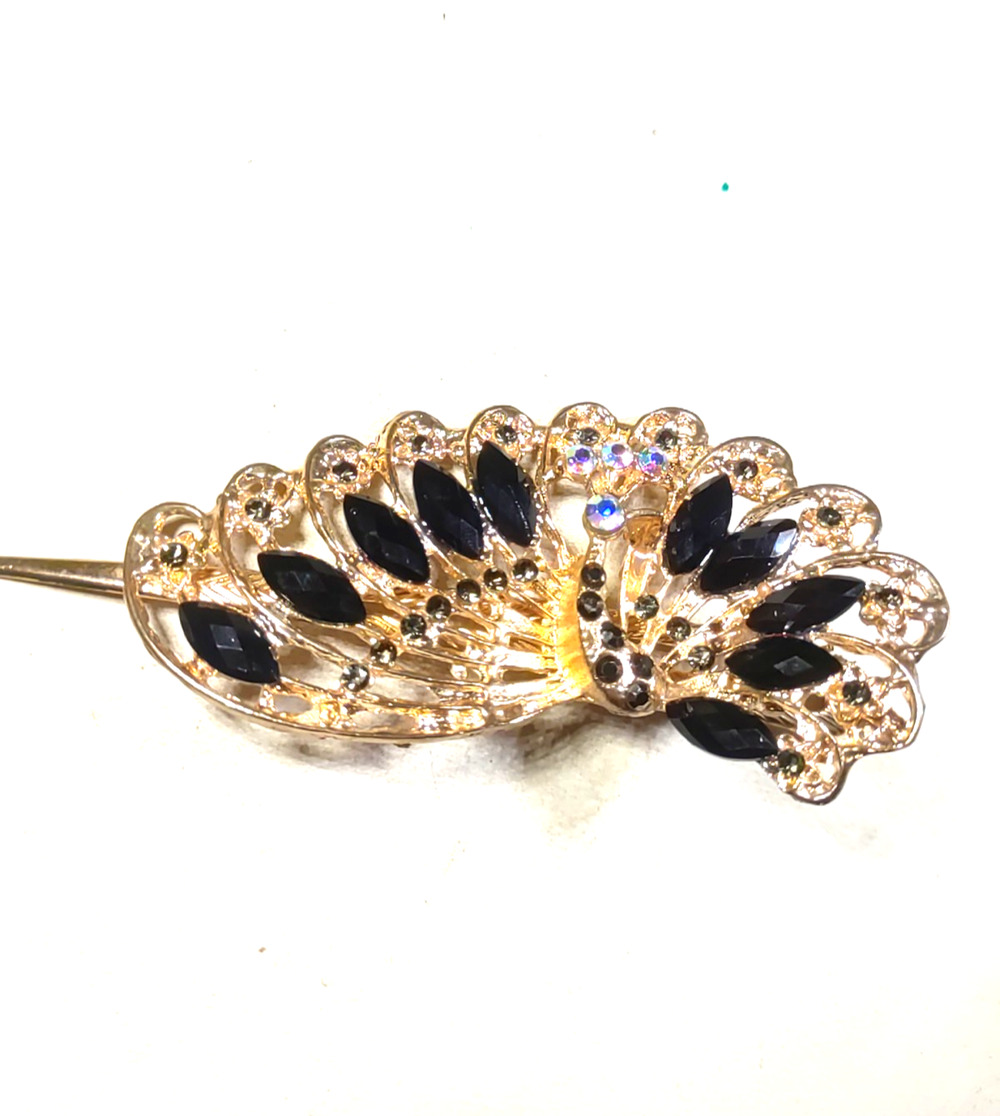 Hair Clip Barrette Large Heavy Peacock Black Rhinestones